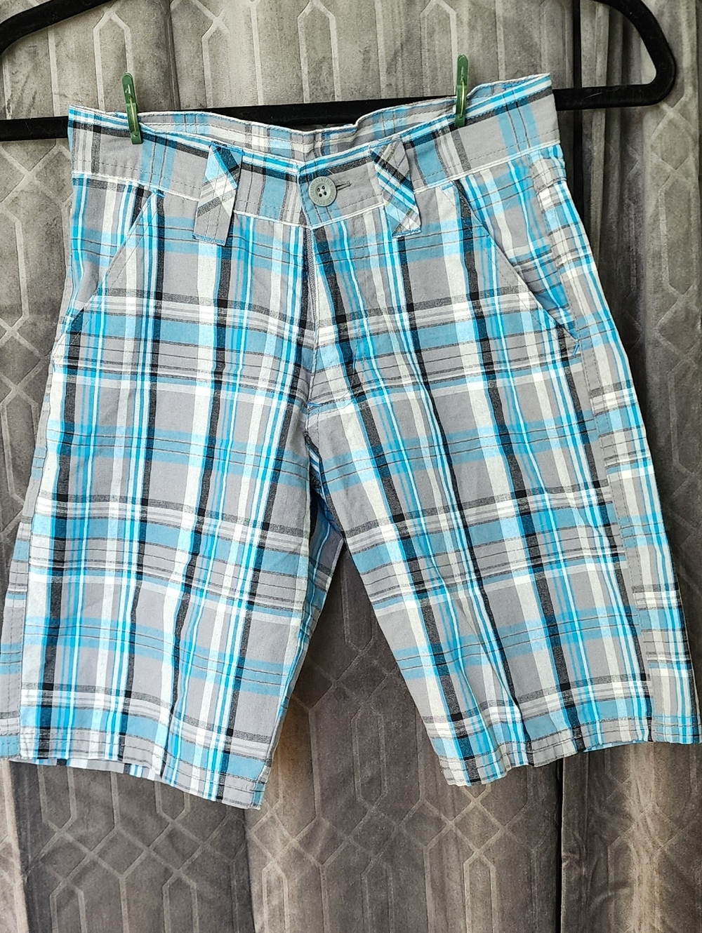 Boy's Beverly Hills Polo Club Gray and Light Blue Plaid Flat Front Shorts